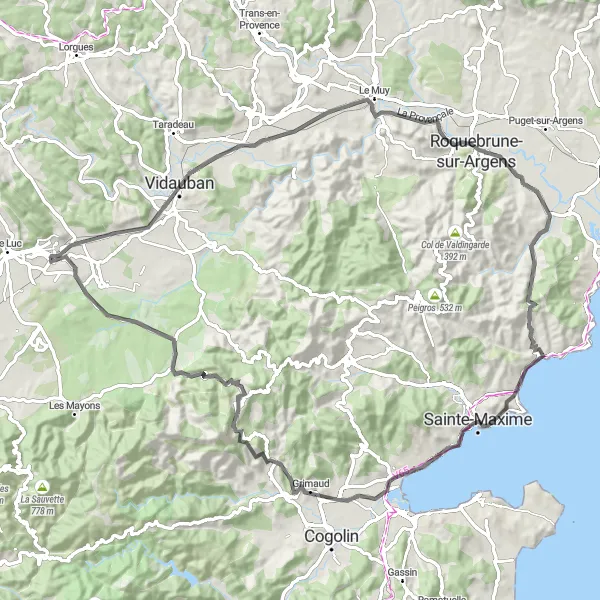 Mapa miniatúra "Okruh Le Cannet-des-Maures: Via Roquebrune-sur-Argens a Sainte-Maxime" cyklistická inšpirácia v Provence-Alpes-Côte d’Azur, France. Vygenerované cyklistickým plánovačom trás Tarmacs.app