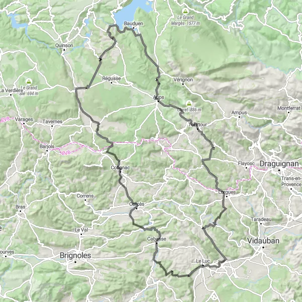 Zemljevid v pomanjšavi "Raznolika cestna avantura" kolesarske inspiracije v Provence-Alpes-Côte d’Azur, France. Generirano z načrtovalcem kolesarskih poti Tarmacs.app