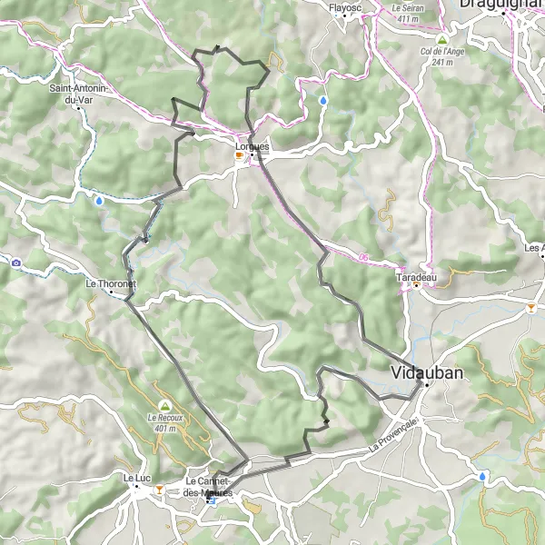 Miniatuurkaart van de fietsinspiratie "Rondrit van Le Cannet-des-Maures naar Pey Long" in Provence-Alpes-Côte d’Azur, France. Gemaakt door de Tarmacs.app fietsrouteplanner