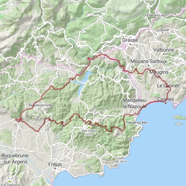 Zemljevid v pomanjšavi "Ekstremna avantura proti Mougins" kolesarske inspiracije v Provence-Alpes-Côte d’Azur, France. Generirano z načrtovalcem kolesarskih poti Tarmacs.app