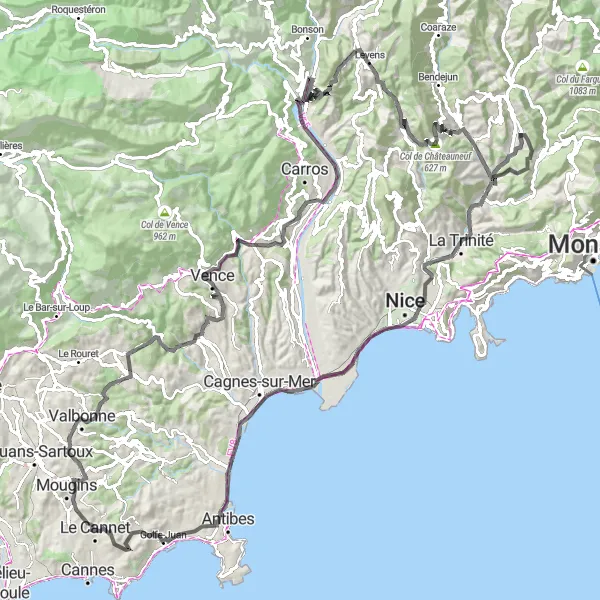 Map miniature of "Road Cycling Tour of Saint-Paul-de-Vence and Col de Châteauneuf" cycling inspiration in Provence-Alpes-Côte d’Azur, France. Generated by Tarmacs.app cycling route planner