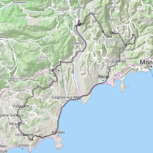 Miniature de la carte de l'inspiration cycliste "La Côte d'Azur et les collines de l'arrière-pays" dans la Provence-Alpes-Côte d’Azur, France. Générée par le planificateur d'itinéraire cycliste Tarmacs.app