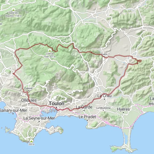 Karttaminiaatyyri "Gravel Pyöräilyreitti Le Castelletin lähellä" pyöräilyinspiraatiosta alueella Provence-Alpes-Côte d’Azur, France. Luotu Tarmacs.app pyöräilyreittisuunnittelijalla