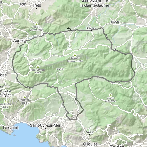 Map miniature of "Mountainous Splendors" cycling inspiration in Provence-Alpes-Côte d’Azur, France. Generated by Tarmacs.app cycling route planner