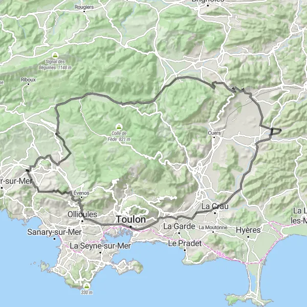 Zemljevid v pomanjšavi "Razgibana kolesarska tura v Provansi" kolesarske inspiracije v Provence-Alpes-Côte d’Azur, France. Generirano z načrtovalcem kolesarskih poti Tarmacs.app