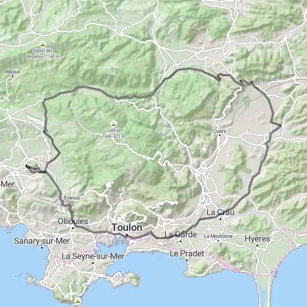 Kartminiatyr av "Utforsking av Var-regionen fra Le Castellet til Toulon" sykkelinspirasjon i Provence-Alpes-Côte d’Azur, France. Generert av Tarmacs.app sykkelrutoplanlegger