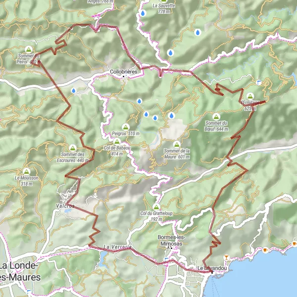 Miniatua del mapa de inspiración ciclista "Ruta de Grava en Le Lavandou" en Provence-Alpes-Côte d’Azur, France. Generado por Tarmacs.app planificador de rutas ciclistas