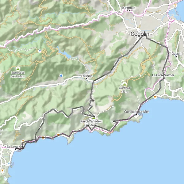 Karten-Miniaturansicht der Radinspiration "Straßenradtour um Col du Canadel und Cavalaire-sur-Mer" in Provence-Alpes-Côte d’Azur, France. Erstellt vom Tarmacs.app-Routenplaner für Radtouren