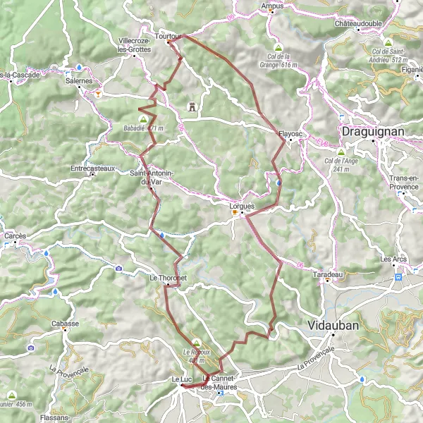 Miniatua del mapa de inspiración ciclista "Ruta de Grava por Le Recoux y Flayosc" en Provence-Alpes-Côte d’Azur, France. Generado por Tarmacs.app planificador de rutas ciclistas