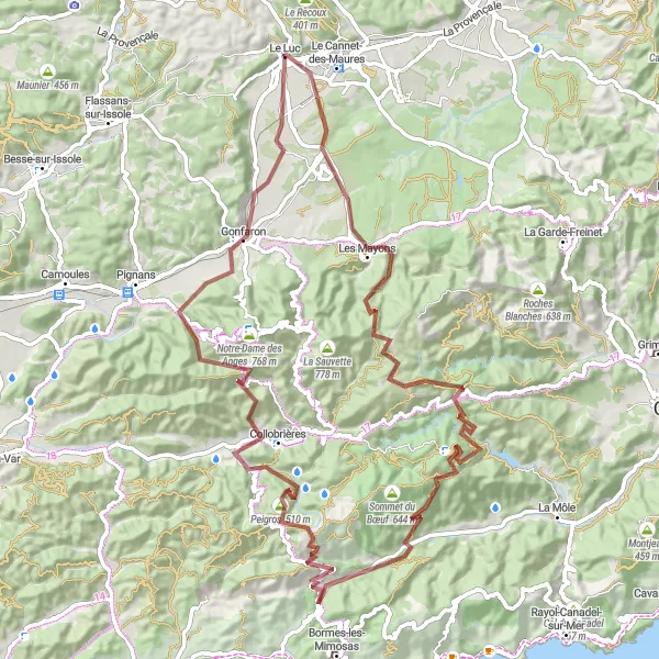 Miniatua del mapa de inspiración ciclista "Ruta de Grava por Le Luc y l'Ermitage" en Provence-Alpes-Côte d’Azur, France. Generado por Tarmacs.app planificador de rutas ciclistas