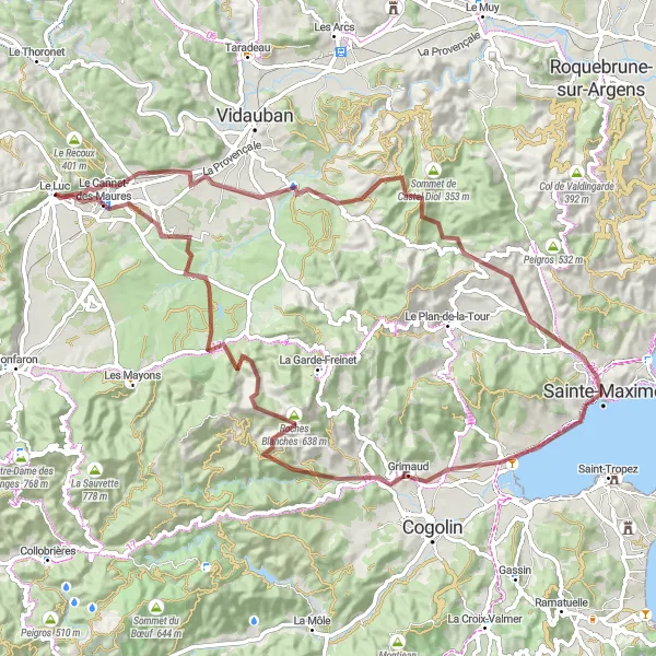 Mapa miniatúra "Znázornená gravel trasa s panoramatickými výhľadmi z Le Luc" cyklistická inšpirácia v Provence-Alpes-Côte d’Azur, France. Vygenerované cyklistickým plánovačom trás Tarmacs.app