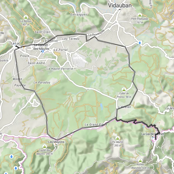 Miniaturní mapa "Cesta kolem Le Luc" inspirace pro cyklisty v oblasti Provence-Alpes-Côte d’Azur, France. Vytvořeno pomocí plánovače tras Tarmacs.app