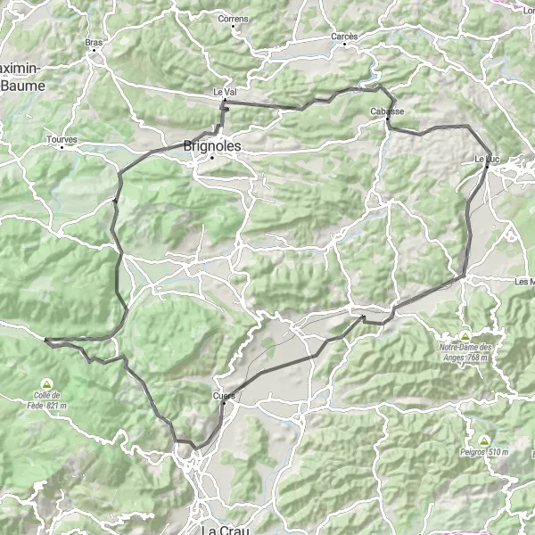 Miniatua del mapa de inspiración ciclista "Desafío de ciclismo de 113 km desde Le Luc" en Provence-Alpes-Côte d’Azur, France. Generado por Tarmacs.app planificador de rutas ciclistas