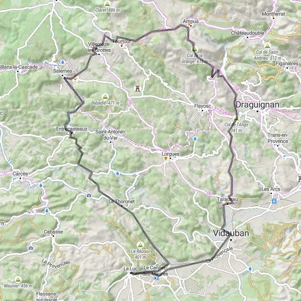 Miniaturekort af cykelinspirationen "Rundtur til Col de l'Ange fra Le Luc" i Provence-Alpes-Côte d’Azur, France. Genereret af Tarmacs.app cykelruteplanlægger