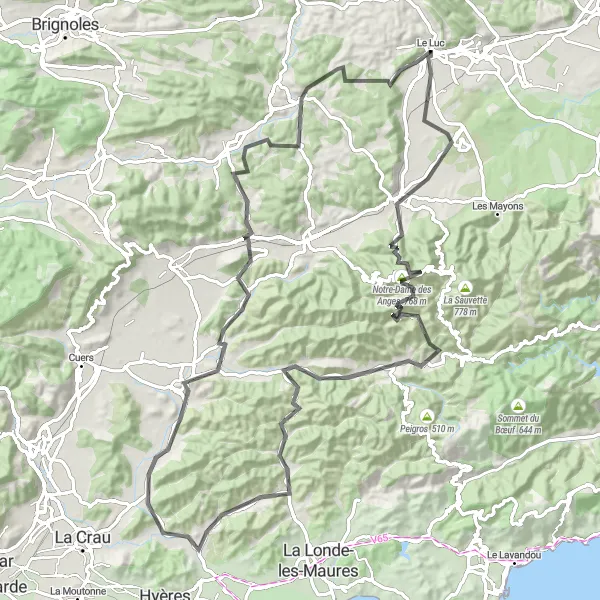 Zemljevid v pomanjšavi "Zahtevna kolesarska pot skozi okolico Le Luca" kolesarske inspiracije v Provence-Alpes-Côte d’Azur, France. Generirano z načrtovalcem kolesarskih poti Tarmacs.app