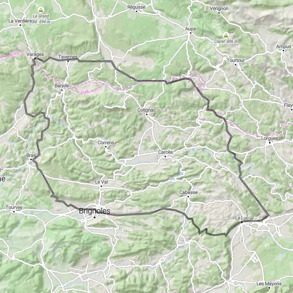 Map miniature of "The Road to Varages" cycling inspiration in Provence-Alpes-Côte d’Azur, France. Generated by Tarmacs.app cycling route planner