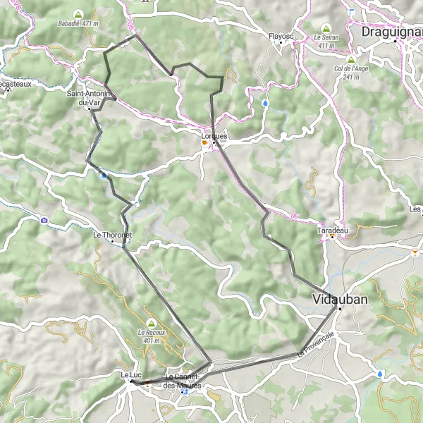 Zemljevid v pomanjšavi "Ruralna pot okoli Le Luc" kolesarske inspiracije v Provence-Alpes-Côte d’Azur, France. Generirano z načrtovalcem kolesarskih poti Tarmacs.app