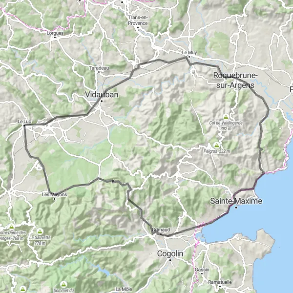 Miniatua del mapa de inspiración ciclista "Recorrido a través de Le Luc y Les Mayons" en Provence-Alpes-Côte d’Azur, France. Generado por Tarmacs.app planificador de rutas ciclistas