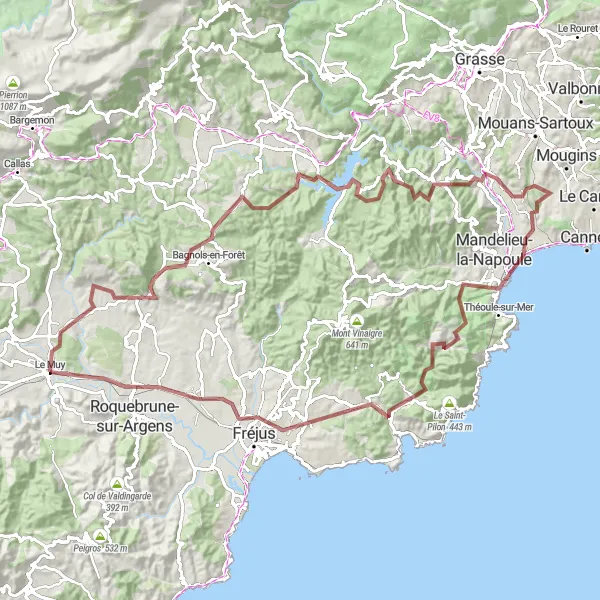 Zemljevid v pomanjšavi "Ekspedicija po gorskih vrhovih Provansi" kolesarske inspiracije v Provence-Alpes-Côte d’Azur, France. Generirano z načrtovalcem kolesarskih poti Tarmacs.app