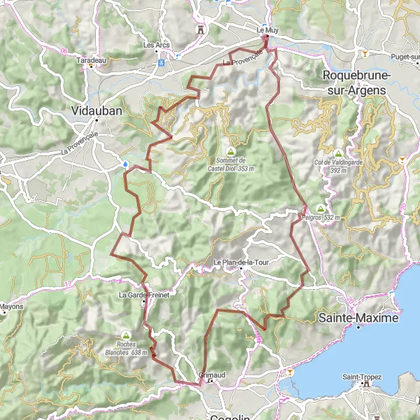 Miniatua del mapa de inspiración ciclista "Exploración de Col du Gratteloup y Barre de Pouarré" en Provence-Alpes-Côte d’Azur, France. Generado por Tarmacs.app planificador de rutas ciclistas