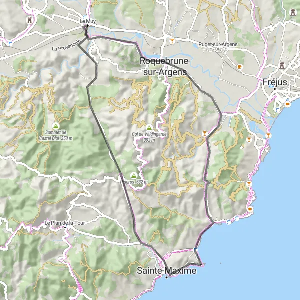 Mapa miniatúra "Okruhová cyklotrasa cez Les Trois Croix a Sainte-Maxime" cyklistická inšpirácia v Provence-Alpes-Côte d’Azur, France. Vygenerované cyklistickým plánovačom trás Tarmacs.app