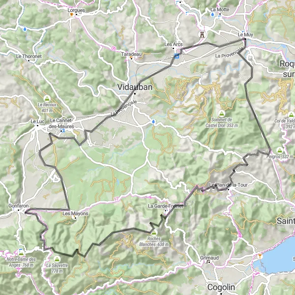 Zemljevid v pomanjšavi "Cestna kolesarska pot okoli Le Muy" kolesarske inspiracije v Provence-Alpes-Côte d’Azur, France. Generirano z načrtovalcem kolesarskih poti Tarmacs.app