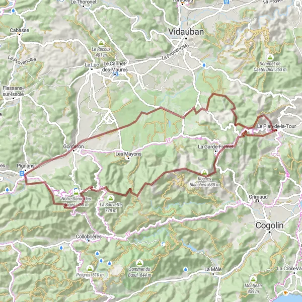 Karttaminiaatyyri "Pitkä Gravel-reitti Le Plan-de-la-Tourista" pyöräilyinspiraatiosta alueella Provence-Alpes-Côte d’Azur, France. Luotu Tarmacs.app pyöräilyreittisuunnittelijalla