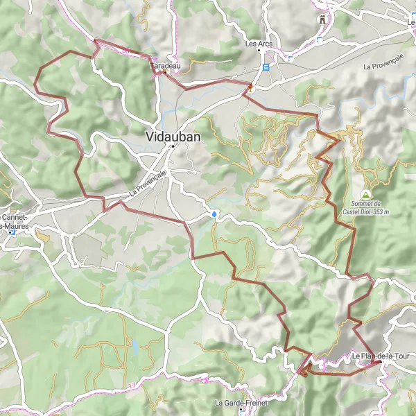 Mapa miniatúra "Gravelové cyklistické trasy okolo Le Plan-de-la-Tour" cyklistická inšpirácia v Provence-Alpes-Côte d’Azur, France. Vygenerované cyklistickým plánovačom trás Tarmacs.app