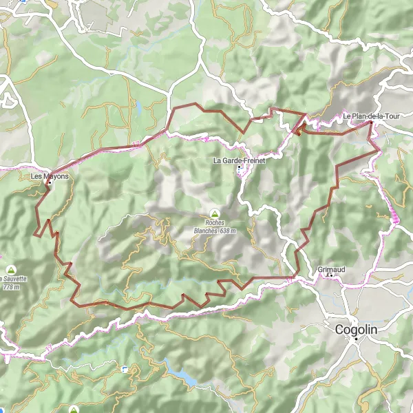 Miniaturní mapa "Gravelový okruh Val de Gilly" inspirace pro cyklisty v oblasti Provence-Alpes-Côte d’Azur, France. Vytvořeno pomocí plánovače tras Tarmacs.app