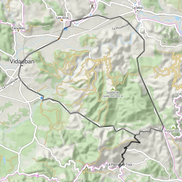 Karten-Miniaturansicht der Radinspiration "Kurze und knackige Radtour von Le Plan-de-la-Tour nach Vidauban" in Provence-Alpes-Côte d’Azur, France. Erstellt vom Tarmacs.app-Routenplaner für Radtouren