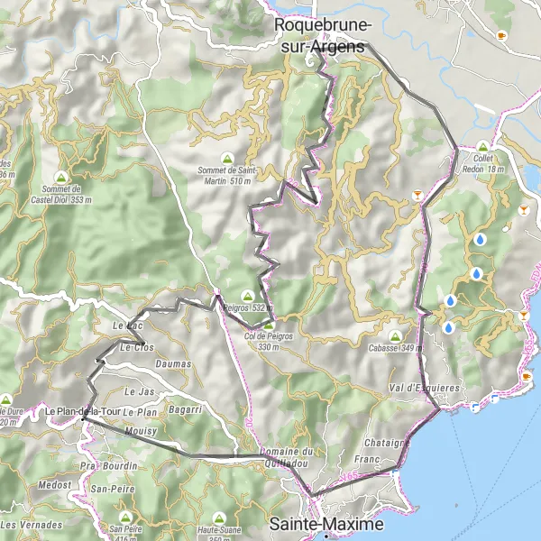 Zemljevid v pomanjšavi "Cestno kolesarjenje proti morju" kolesarske inspiracije v Provence-Alpes-Côte d’Azur, France. Generirano z načrtovalcem kolesarskih poti Tarmacs.app