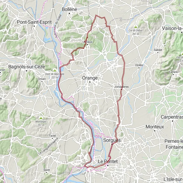 Miniaturní mapa "Gravel route around Le Pontet" inspirace pro cyklisty v oblasti Provence-Alpes-Côte d’Azur, France. Vytvořeno pomocí plánovače tras Tarmacs.app