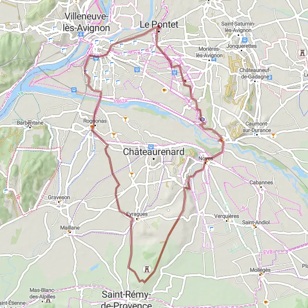 Mapa miniatúra "Gravel trasa cez Noves a Eyragues" cyklistická inšpirácia v Provence-Alpes-Côte d’Azur, France. Vygenerované cyklistickým plánovačom trás Tarmacs.app