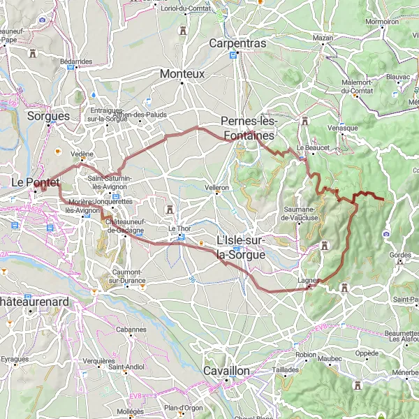 Map miniature of "The Gravel Adventure: Pontet to Châteauneuf-de-Gadagne Loop" cycling inspiration in Provence-Alpes-Côte d’Azur, France. Generated by Tarmacs.app cycling route planner