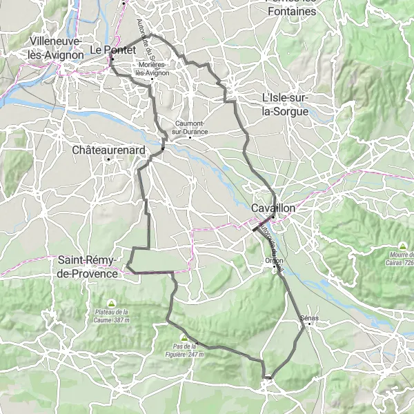 Karttaminiaatyyri "Le Pontet - Noves - Eyguières - Le Thor Loop" pyöräilyinspiraatiosta alueella Provence-Alpes-Côte d’Azur, France. Luotu Tarmacs.app pyöräilyreittisuunnittelijalla