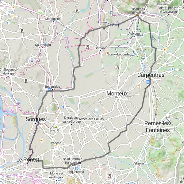 Zemljevid v pomanjšavi "Provanza - Sončno Mesto Provance" kolesarske inspiracije v Provence-Alpes-Côte d’Azur, France. Generirano z načrtovalcem kolesarskih poti Tarmacs.app