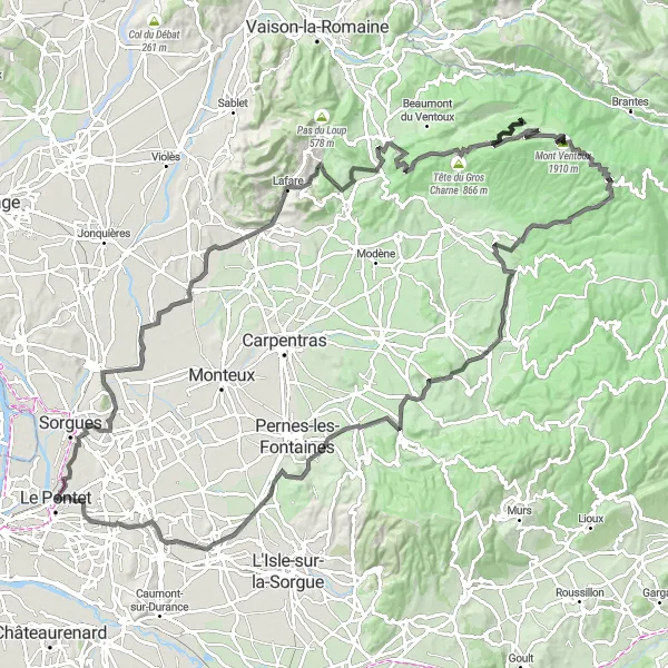 Miniaturní mapa "Výzva na Mont Ventoux" inspirace pro cyklisty v oblasti Provence-Alpes-Côte d’Azur, France. Vytvořeno pomocí plánovače tras Tarmacs.app