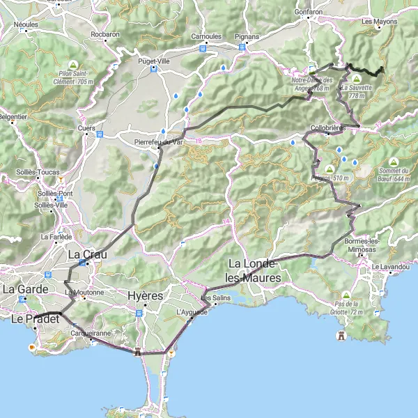 Mapa miniatúra "Cyklistická trasa Les Pradet - Carqueiranne" cyklistická inšpirácia v Provence-Alpes-Côte d’Azur, France. Vygenerované cyklistickým plánovačom trás Tarmacs.app
