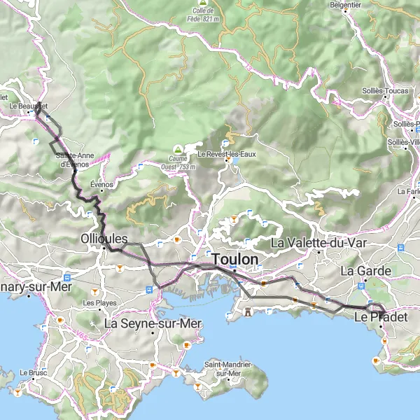Miniaturní mapa "Cyklotrasa kolem Toulonu" inspirace pro cyklisty v oblasti Provence-Alpes-Côte d’Azur, France. Vytvořeno pomocí plánovače tras Tarmacs.app