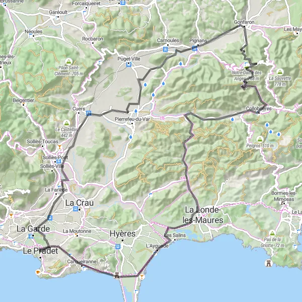 Mapa miniatúra "Trasa s mnohými významnými úsekmi" cyklistická inšpirácia v Provence-Alpes-Côte d’Azur, France. Vygenerované cyklistickým plánovačom trás Tarmacs.app