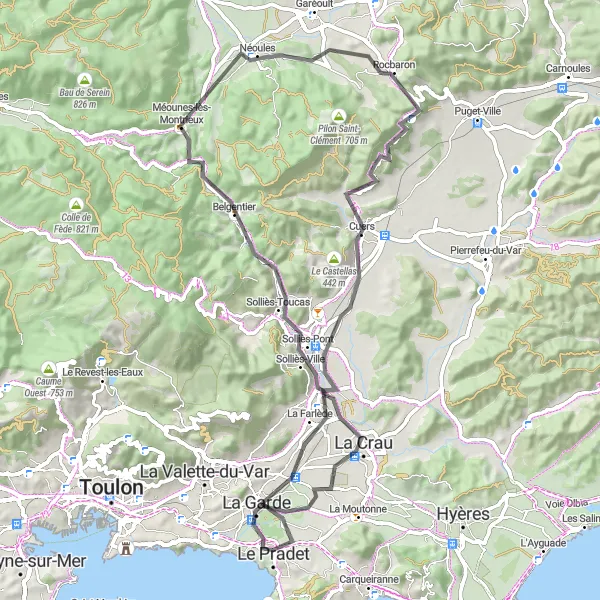 Kartminiatyr av "Kuperad utflykt till Néoules" cykelinspiration i Provence-Alpes-Côte d’Azur, France. Genererad av Tarmacs.app cykelruttplanerare