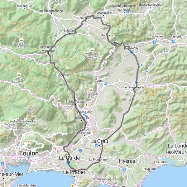 Kartminiatyr av "Utforsk landsbyene rundt La Garde og Belgentier" sykkelinspirasjon i Provence-Alpes-Côte d’Azur, France. Generert av Tarmacs.app sykkelrutoplanlegger