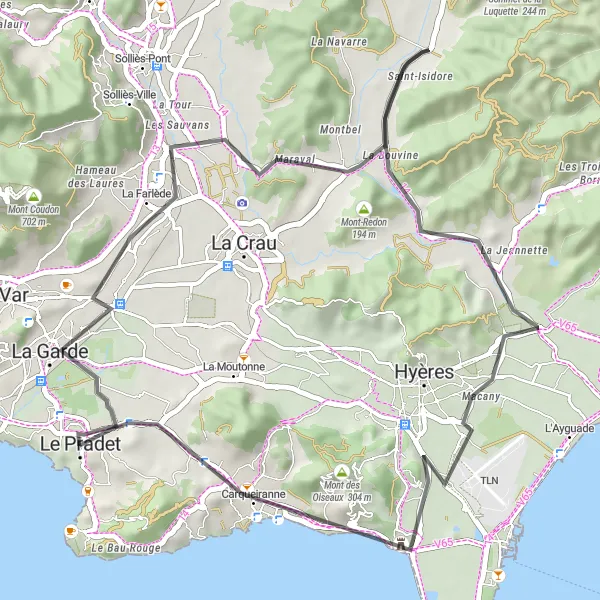 Miniaturní mapa "50 km Road Cycling Route from Le Pradet" inspirace pro cyklisty v oblasti Provence-Alpes-Côte d’Azur, France. Vytvořeno pomocí plánovače tras Tarmacs.app
