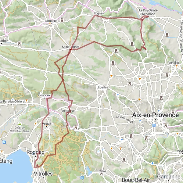 Miniaturní mapa "Gravelová cyklistická trasa kolem Le Puy-Sainte-Réparade" inspirace pro cyklisty v oblasti Provence-Alpes-Côte d’Azur, France. Vytvořeno pomocí plánovače tras Tarmacs.app