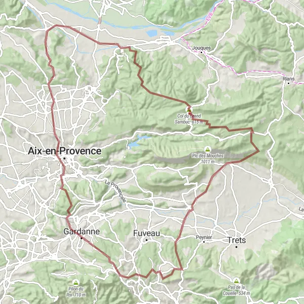 Mapa miniatúra "Náročná gravelová trasa cez Meyrargues a Puyloubier" cyklistická inšpirácia v Provence-Alpes-Côte d’Azur, France. Vygenerované cyklistickým plánovačom trás Tarmacs.app