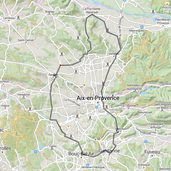 Zemljevid v pomanjšavi "Road Kolesarska avantura v Aix-en-Provence" kolesarske inspiracije v Provence-Alpes-Côte d’Azur, France. Generirano z načrtovalcem kolesarskih poti Tarmacs.app