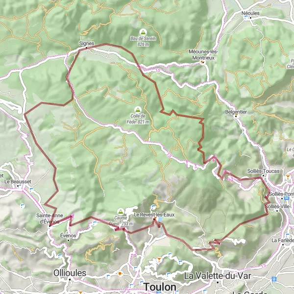 Map miniature of "Le Revest-les-Eaux to Mont Faron Gravel Route" cycling inspiration in Provence-Alpes-Côte d’Azur, France. Generated by Tarmacs.app cycling route planner