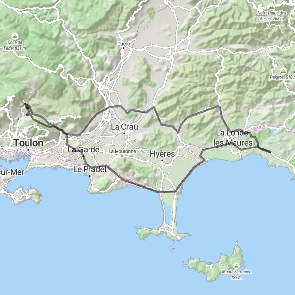 Map miniature of "Road Route: Le Revest-les-Eaux and Beyond" cycling inspiration in Provence-Alpes-Côte d’Azur, France. Generated by Tarmacs.app cycling route planner