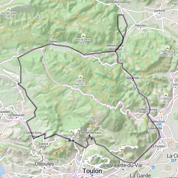 Miniature de la carte de l'inspiration cycliste "Parcours pittoresque vers Méounes-lès-Montrieux" dans la Provence-Alpes-Côte d’Azur, France. Générée par le planificateur d'itinéraire cycliste Tarmacs.app