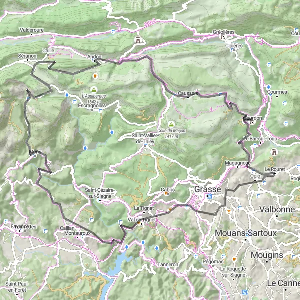 Miniatuurkaart van de fietsinspiratie "Bergachtige wegtocht naar Châteauneuf-Grasse" in Provence-Alpes-Côte d’Azur, France. Gemaakt door de Tarmacs.app fietsrouteplanner